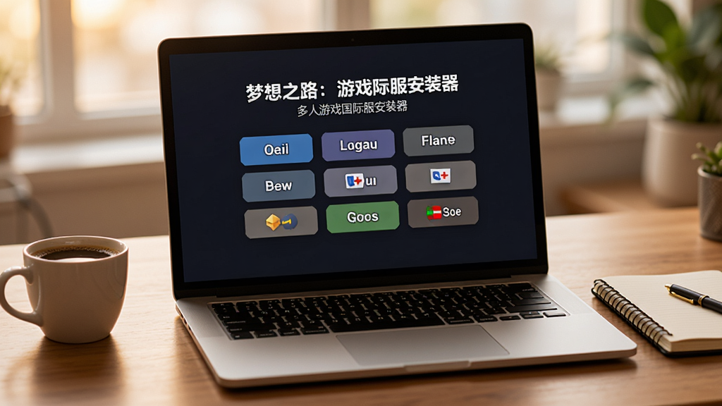 画面中央是一台打开的笔记本电脑,屏幕上显示梦想之路:多人游戏国际服安装器的多语言选择界面,界面中有多个语言选项按钮,电脑旁边放着一杯咖啡和一本笔记本,背景是木质桌面,光线温暖柔和,风格生活化,画质高清,干净无多余元素
