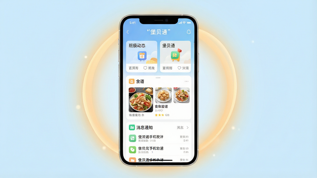一张展示堡贝通手机软件界面的预览图,画面中央放置一部竖屏智能手机,屏幕内显示堡贝通APP首页界面,包含班级动态卡片、食谱展示区和消息通知列表,手机周围环绕柔和的暖色调光晕,背景为浅蓝色渐变,布局采用居中对称构图,风格清新简约,细节上手机边框圆润、图标清晰、文字使用引号标注“堡贝通”,画质为高清2K,干净无多余元素