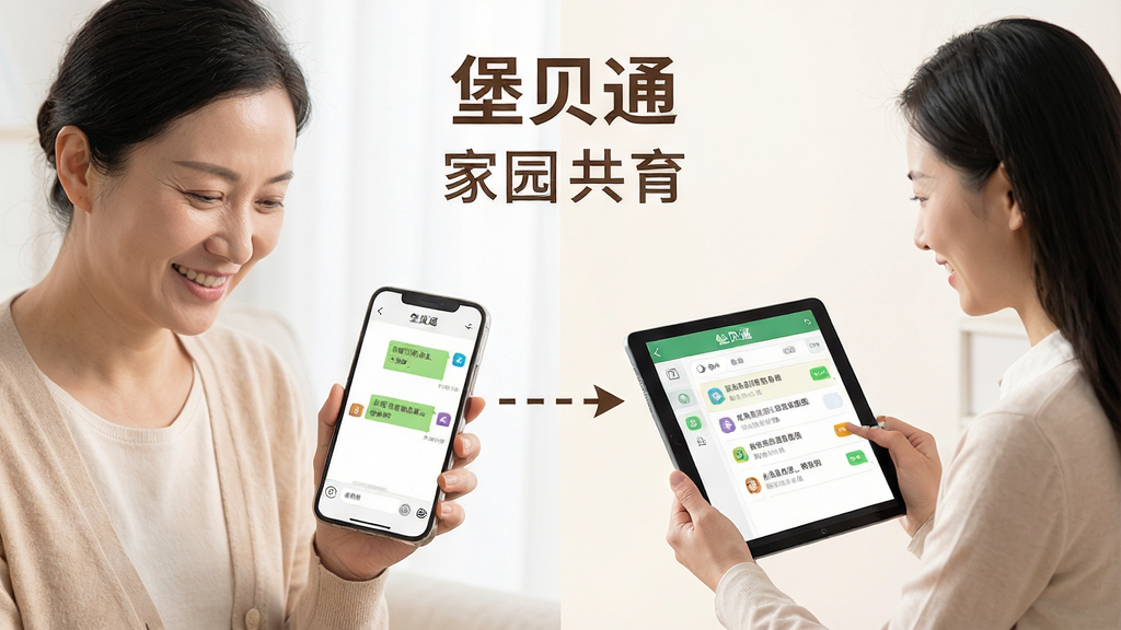 一张堡贝通家园沟通功能展示图,画面左侧是一位家长手持手机微笑查看消息,右侧是老师使用平板发布通知,中间用虚线箭头连接表示信息传递,屏幕中显示聊天对话框和通知列表,布局为左右分栏式,风格温馨亲切,细节上人物表情自然、界面图标清晰,画面中出现文字“堡贝通”和“家园共育”,画质高清,干净无多余元素