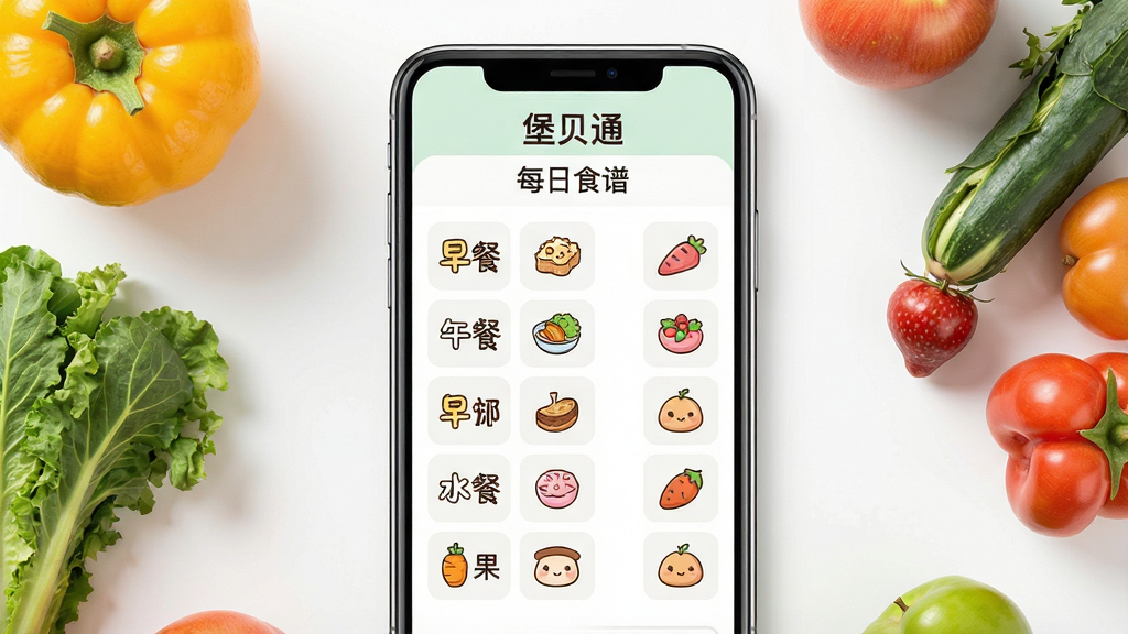 一张堡贝通食谱查看功能界面图,画面中央展示一部手机屏幕,屏幕内显示一周食谱表格,包含早餐、午餐、加餐和水果等条目,每项配有卡通食物小图标,手机旁边摆放几样新鲜蔬果作为装饰,布局为居中构图,风格清新明亮,细节上食物图标可爱、文字清晰标注“堡贝通”和“每日食谱”,画质高清,干净无多余元素