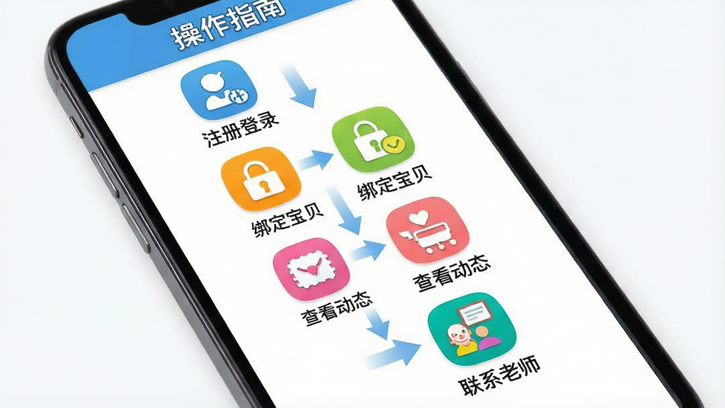 一张堡贝通使用教程示意图,画面展示一部手机屏幕,屏幕上依次排列四个操作步骤图标:注册登录、绑定宝贝、查看动态、联系老师,每个步骤配有简洁的图标和简短文字说明,布局为竖向流程式排列,风格扁平化设计,细节上图标色彩鲜明、箭头指向清晰,画面中出现文字“堡贝通”和“操作指南”,画质高清,干净无多余元素