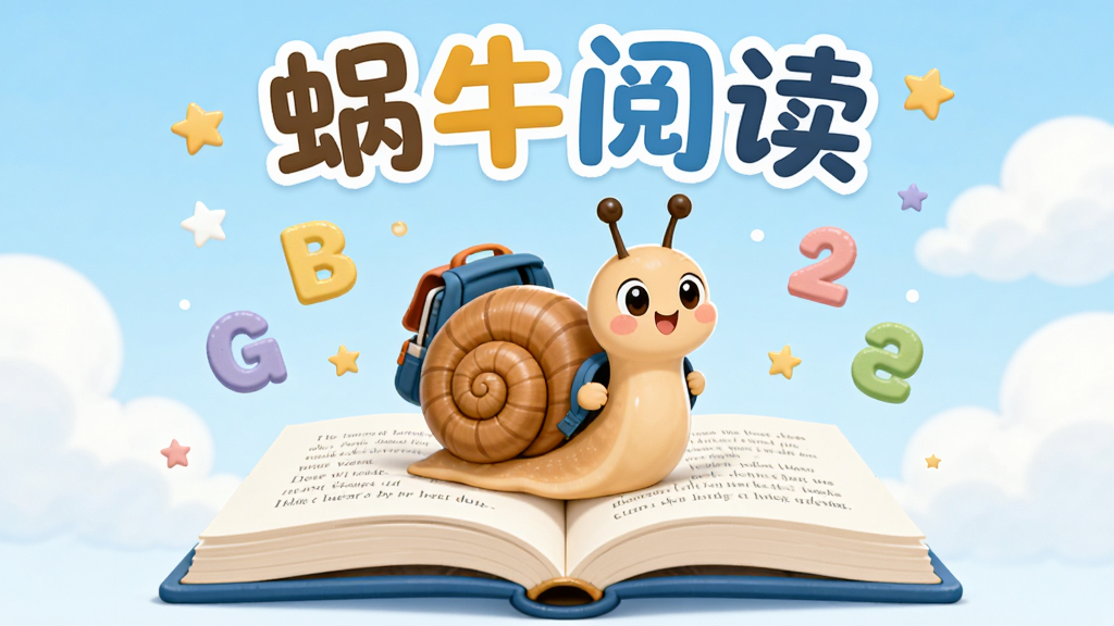 一只可爱的卡通蜗牛背着书包,坐在一本打开的巨大英文书上,周围漂浮着字母和星星,背景是柔和的蓝天白云,画面中央上方有醒目的文字
