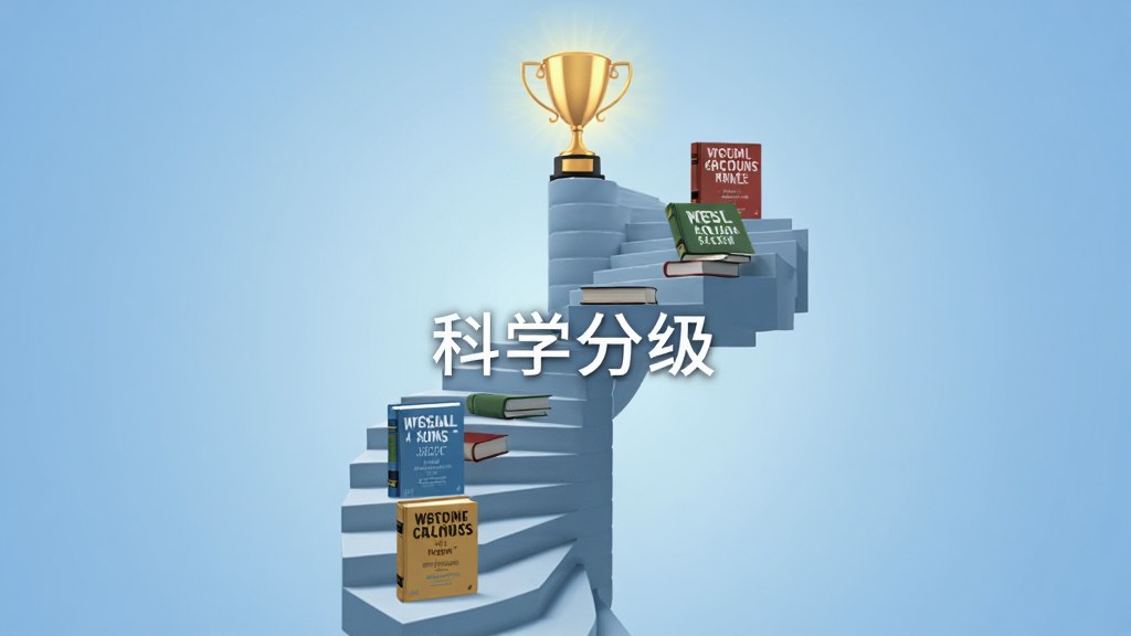 一个螺旋上升的阶梯,每一级台阶上放着不同难度的英文书,从低到高排列,阶梯顶端有一个发光的奖杯,背景是柔和的渐变蓝色,画面中央有文字