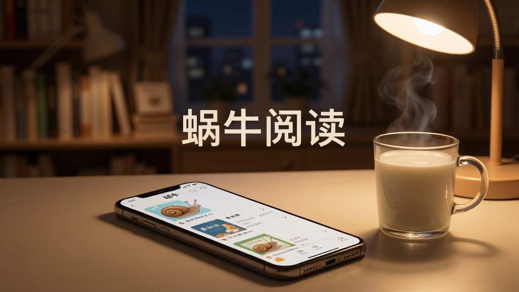 一部智能手机放在桌面上,屏幕显示蜗牛阅读APP的书籍列表界面,旁边有一杯热牛奶和一盏台灯,背景是夜晚温馨的书房,画面中央有文字