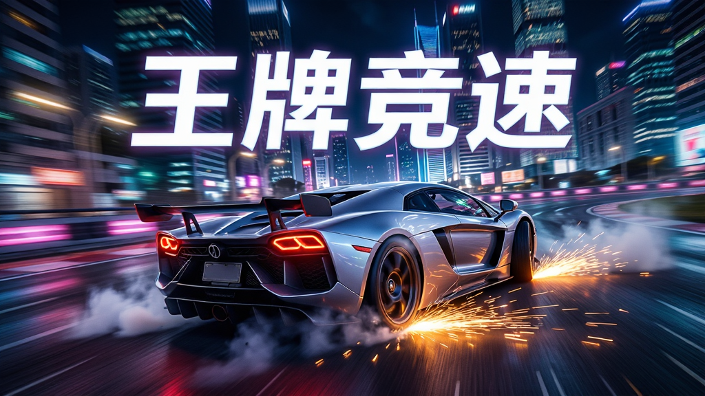一幅充满速度感的写实竞速游戏场景,画面中央是一辆流线型超级跑车正在城市霓虹赛道上高速漂移,轮胎与地面摩擦产生炫目的火花和烟雾,背景是繁华的现代都市夜景,高楼林立,灯光璀璨,画面采用广角透视构图,主体跑车占据视觉中心,周围有动态模糊的速度线,整体风格偏向写实赛车游戏宣传图,色彩饱和度高,光影对比强烈,细节刻画精致,画质清晰干净,无多余元素,画面中悬浮着“王牌竞速”四个发光大字
