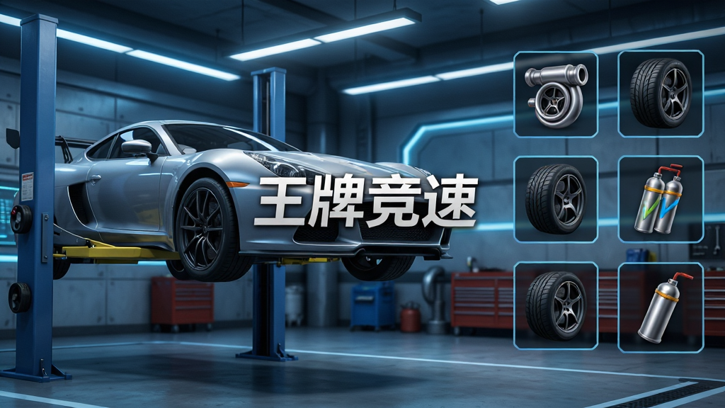 一张展示赛车改装界面的游戏截图风格图片,画面左侧是一辆被举升机抬起的银色跑车,右侧悬浮着各种改装零件图标如涡轮、轮胎、氮气瓶,背景是充满科技感的车库环境,冷色调灯光打在车身上,画面布局清晰,左侧为车辆主体,右侧为改装选项,风格偏向写实科技风,细节丰富,画质干净,图片中央带有“王牌竞速”文字标识