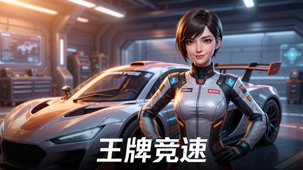 一张展示车姬系统的游戏宣传图,画面中一位身穿未来风格赛车服的虚拟女性角色站在一辆赛车旁,背景是充满科技感的虚拟车库,角色面带微笑,姿态自信,画面采用暖色调光影,主体人物与赛车并排布局,风格偏向二次元写实混合,细节精致,画质清晰,图片下方有“王牌竞速”字样