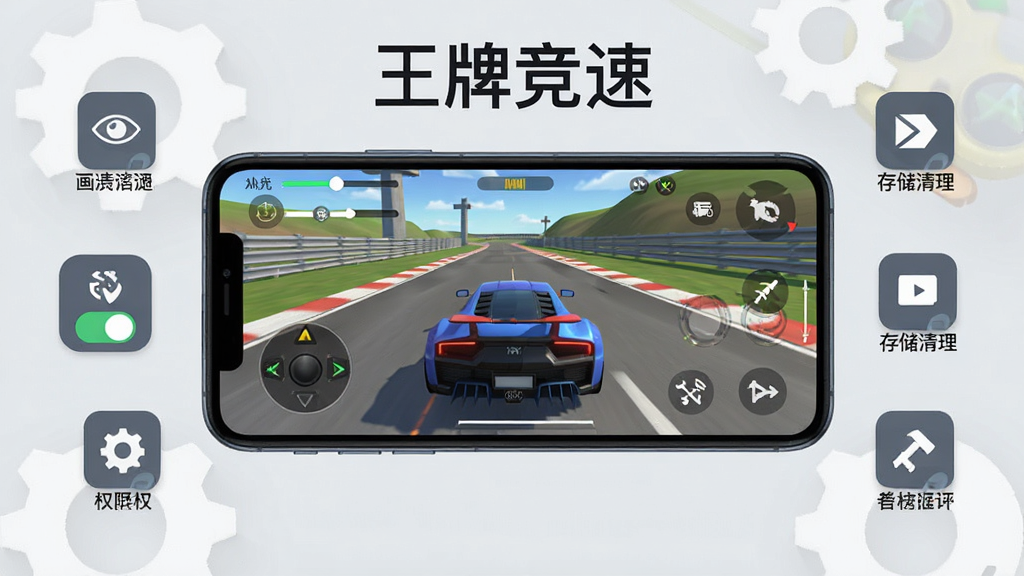 一张展示手机游戏操作界面的示意图,画面中央是一部横向放置的智能手机,屏幕上显示赛车竞速画面,手机周围环绕着各种设置图标如画质调节、权限开关、存储清理等,背景为浅灰色,布局清晰,风格简约扁平化,细节干净,画质清晰,图片上方有“王牌竞速”文字