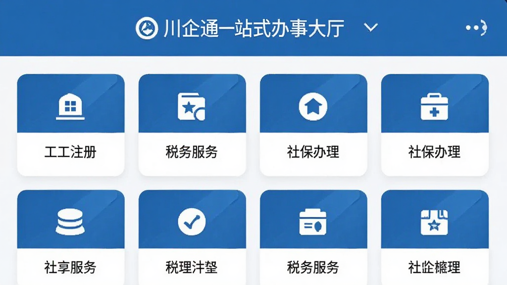 川企通一站式办事大厅界面截图,手机屏幕展示多个服务卡片整齐排列,包含工商注册、税务服务、社保办理等图标,界面采用蓝色主色调,简洁商务风格,画质清晰,干净无杂乱元素