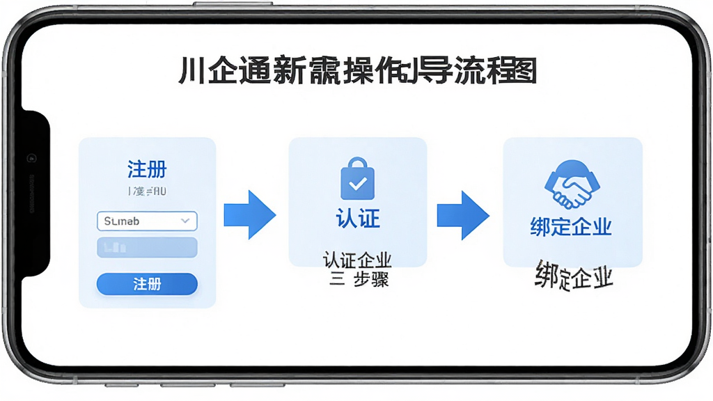 川企通新手操作引导流程图,手机屏幕展示分步操作指引,包含注册、认证、绑定企业三个步骤,界面简洁清晰,蓝色箭头引导,白色背景,画质干净高清