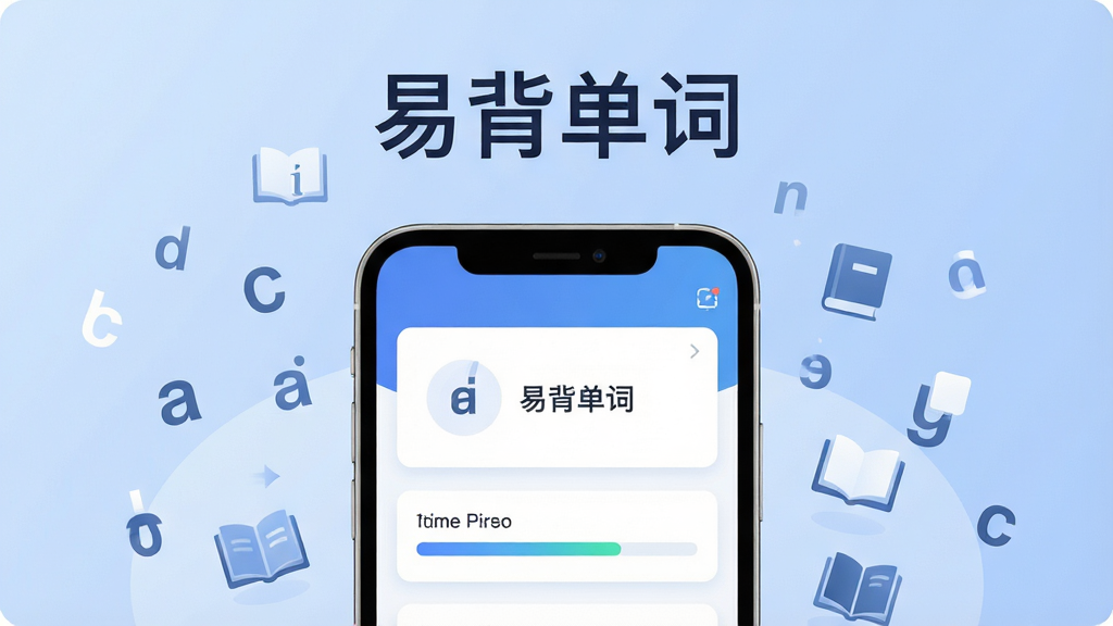 一张展示“易背单词”手机应用界面的数字插画,画面中央是一部现代智能手机,屏幕显示单词卡片和记忆进度条,周围环绕着漂浮的英文单词字母和书本图标。布局采用上下结构,上方为软件名称“易背单词”,下方为手机主体。风格为扁平化科技感,细节包括柔和的蓝色渐变背景和简洁的图标设计。画质清晰,干净无多余元素。