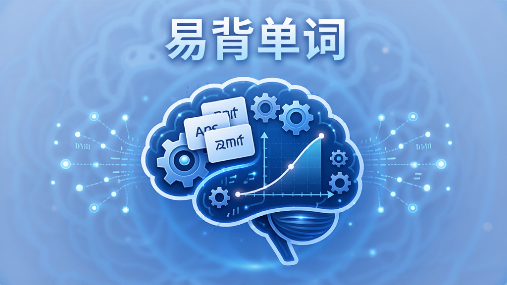 一幅表现智能记忆算法的概念图,主体为大脑轮廓与齿轮、数据流结合,大脑内部显示单词卡片和记忆曲线图。布局为中心对称,上方写有“易背单词”字样。风格为科技蓝调,细节包括发光的数据节点和柔和的渐变背景。画质高清,干净整洁,无多余元素。