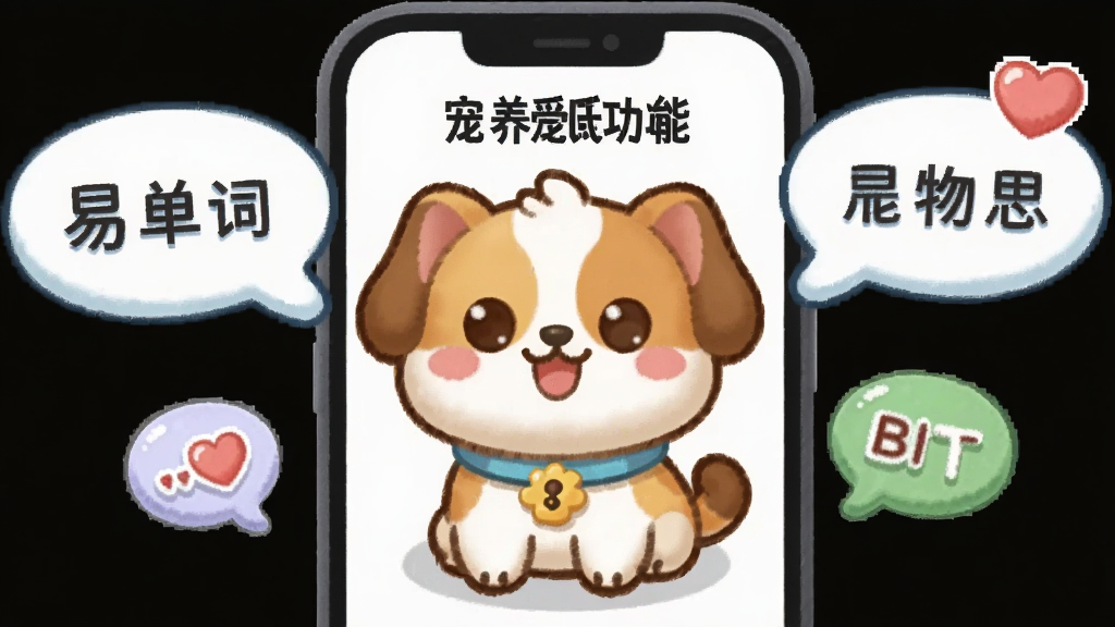 一幅描绘“易背单词”宠物养成功能的插画,主体为手机屏幕中一只可爱的卡通宠物,周围有单词气泡和爱心图标,布局为居中展示。风格为卡通可爱风,细节包括明亮的色彩和圆润的造型。画质清晰,干净无多余元素。