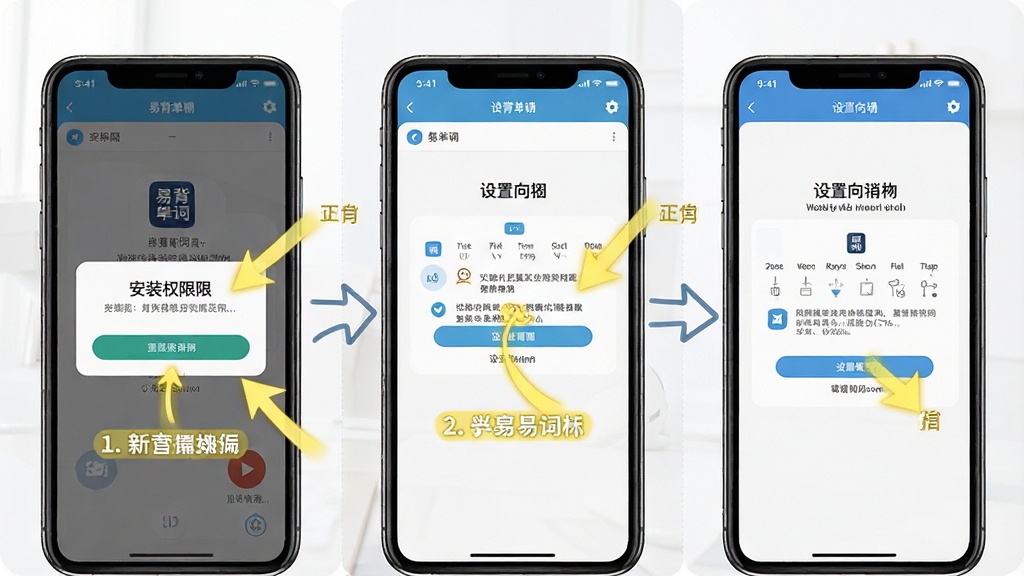 一幅展示“易背单词”新手操作提示的示意图,主体为手机屏幕显示安装权限弹窗和设置向导,布局为分步截图排列。风格为简洁教程风,细节包括高亮箭头和文字标注。画质清晰,干净无多余元素。