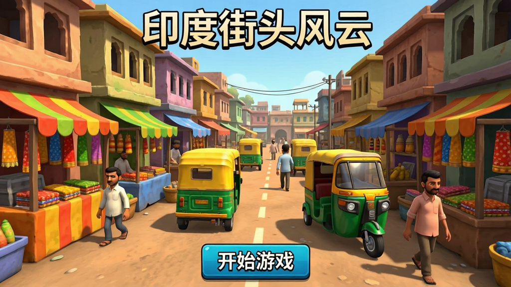 印度街头风云游戏主界面截图,画面中央展示繁华的印度街头场景,有色彩斑斓的集市摊位、三轮车和行人,顶部显示游戏名称“印度街头风云”,底部有开始游戏按钮,整体风格为写实卡通渲染,画质清晰干净,无多余元素