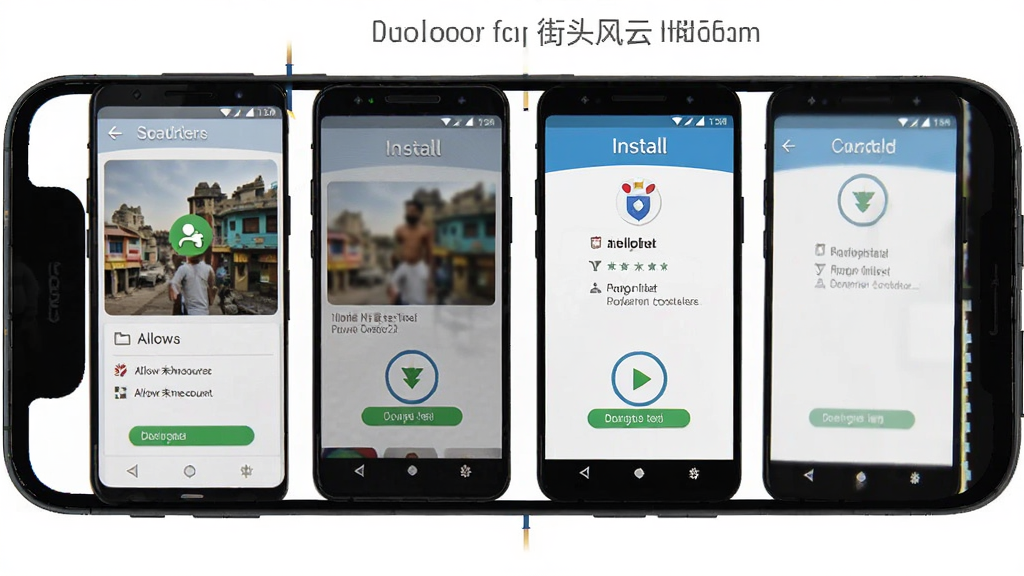 印度街头风云游戏安装教程示意图,画面展示手机屏幕上的安装步骤,包括允许未知来源、点击安装、完成安装等界面,风格简洁清晰,画质干净,无多余元素