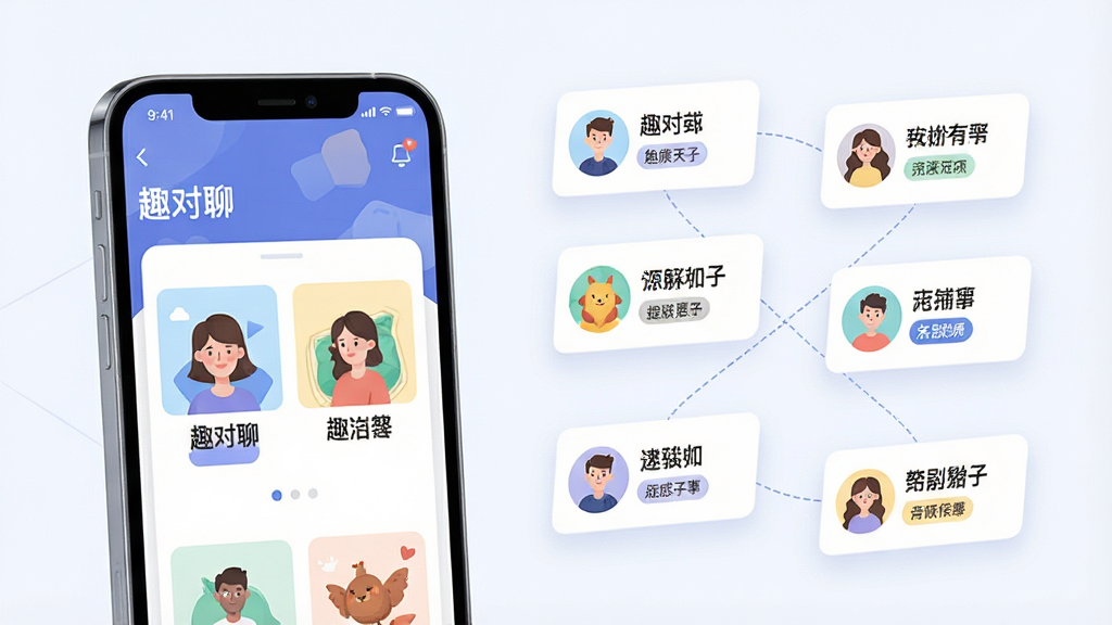 一幅表现智能兴趣匹配的手机应用场景图,画面中一部手机放置在画面左侧,屏幕显示
