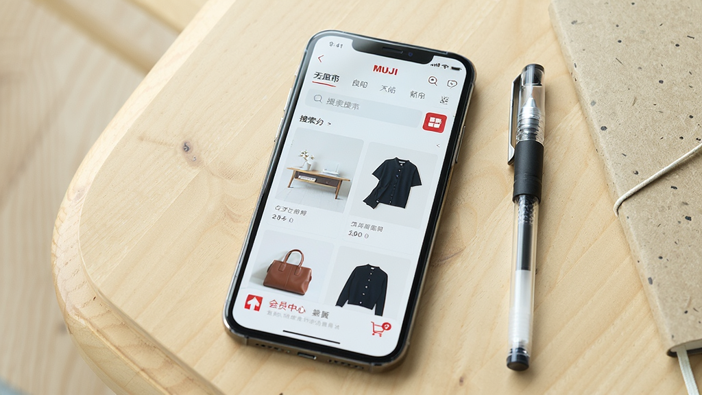 MUJI无印良品APP首页展示图,主体为一部智能手机,屏幕显示无印良品官方应用界面,上方有商品分类导航和搜索栏,中部为简约风格的家居用品和服装商品卡片,底部为会员中心与购物车图标。布局采用居中构图,手机略微倾斜展现立体感。排版清晰整洁,背景为浅木色桌面,旁边放置一支无印良品经典凝胶墨水笔和一本再生纸笔记本。风格为日系极简摄影,细节强调屏幕反光与商品图片的质感,画质高清,干净明亮,无多余元素。