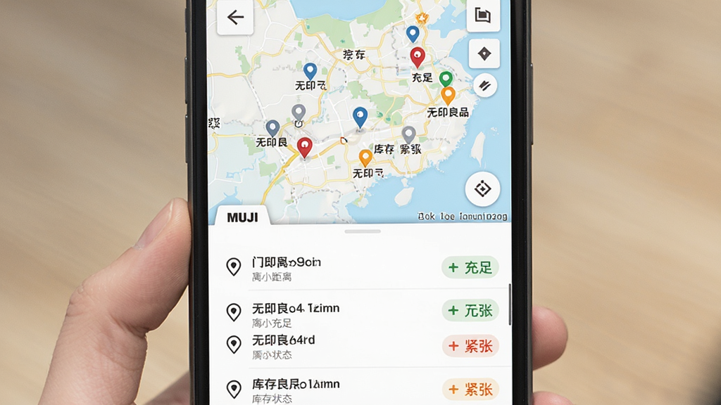 MUJI无印良品门店库存查询功能展示,主体为手机屏幕显示地图界面,地图上标注多家无印良品门店位置,下方列表显示各门店距离和库存状态。布局为地图占上半屏,列表占下半屏。排版简洁,背景为浅色地图。风格为实用工具类UI,细节包括定位图标和库存充足/紧张的颜色标识,画质清晰,干净无多余元素。