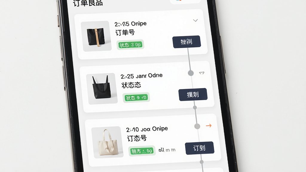 MUJI无印良品订单跟踪界面,主体为手机屏幕展示订单列表和物流时间轴。布局为垂直列表,每个订单卡片包含商品缩略图、订单号、状态标签和操作按钮。排版工整,背景为白色。风格为清爽电商UI,细节包括时间轴圆点和状态颜色区分,画质高清,干净无杂乱。