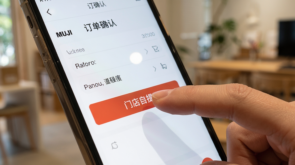 MUJI无印良品APP操作指南示意图,主体为一部手机和一只手,手指正在点击屏幕上的“门店自提”按钮。布局为特写镜头,手机屏幕显示订单确认页面。排版简洁,背景为模糊的室内环境。风格为写实摄影,细节包括手指的阴影和屏幕的高光,画质清晰,干净无多余元素。