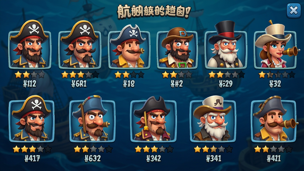 一张展示航海奇兵游戏英雄收集界面的图片,画面中排列着多位卡通风格的海盗和航海主题角色头像,每个角色下方有星级和等级标识,背景为深蓝色的海洋纹理,界面布局整洁有序,风格为美式卡通游戏UI,色彩丰富但不杂乱,高清画质,干净无多余元素