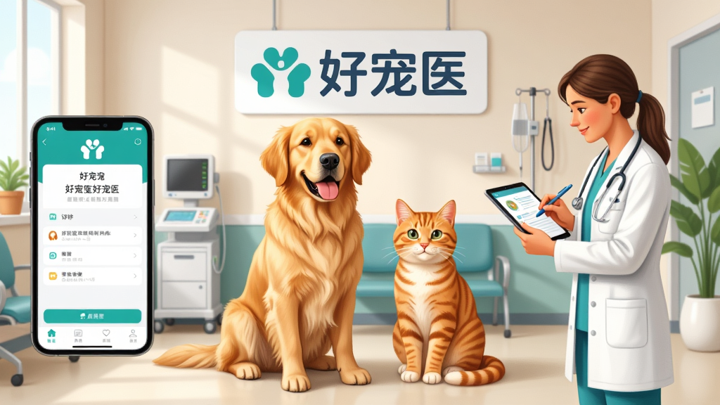 一只可爱的金毛犬和一只橘猫并排坐在明亮的现代宠物医院候诊区,墙上挂着