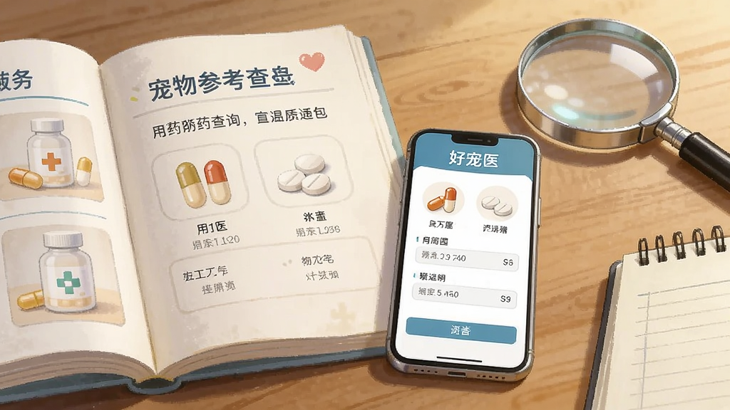 一本翻开的宠物用药手册旁边放着一部手机,手机屏幕显示