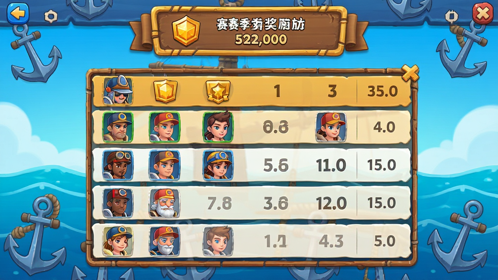 一张航海奇兵游戏竞技场排位界面的图片,画面中显示着排行榜和玩家头像,顶部有赛季奖励标识,背景为海洋和船锚元素装饰,整体风格为卡通游戏UI,色彩明快,布局清晰,高清画质,干净无多余元素