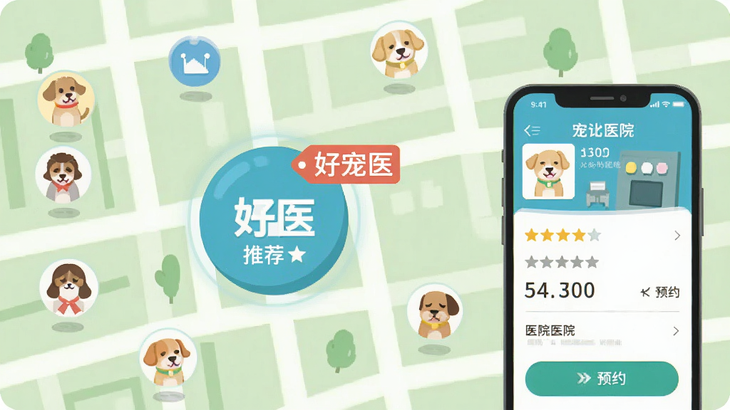 城市地图风格的插画,地图上标注着多个宠物医院图标,其中一个图标被放大并显示