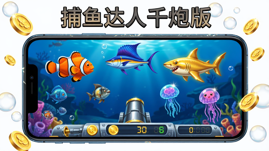 画面中央展示一部智能手机横屏运行捕鱼达人千炮版游戏,屏幕内呈现深蓝色海底场景,有橙色小丑鱼、蓝色旗鱼、金色鲨鱼和彩色水母游动,底部是金属质感炮台与金币计数器,手机周围漂浮着金币与气泡元素,布局采用居中构图,上方留白放置游戏标题文字“捕鱼达人千炮版”,风格为明亮卡通写实融合,细节包括鱼鳞反光、水波折射、金币高光,画质清晰干净,无多余元素,横版16比9比例
