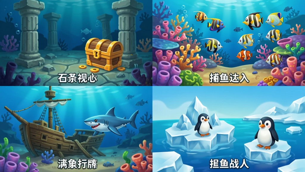 画面展示捕鱼达人千炮版四格分镜地图预览,左上为深海遗迹石柱与宝箱,右上为彩色珊瑚礁与热带鱼群,左下为沉船残骸与鲨鱼,右下为冰海浮冰与企鹅鱼,每格下方标注对应场景名称,布局为两行两列网格,风格为清新卡通风,细节包括各场景独有色调与标志物,画质干净整洁,无多余元素