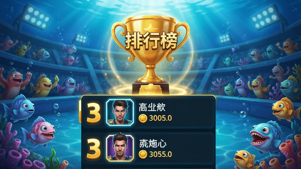 画面展示捕鱼达人千炮版竞技场排行榜界面,中央为金色奖杯与“排行榜”文字,下方依次排列前三名玩家头像、昵称与金币数字,背景为海底竞技场看台与欢呼鱼群,布局纵向列表,风格为电竞科技感,细节包括头像边框发光、名次数字描金、背景光晕,画质干净锐利,无多余元素