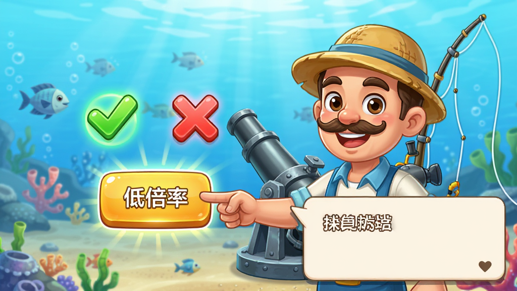 画面展示捕鱼达人千炮版新手引导界面,一位卡通渔夫角色站在炮台旁,手指向屏幕上的低倍率按钮,旁边有绿色对勾与红色叉叉对比图例,背景为浅蓝色海底,布局为角色加对话框,风格为轻松教学风,细节包括渔夫表情友好、按钮发光、图例清晰,画质干净明亮,无多余元素