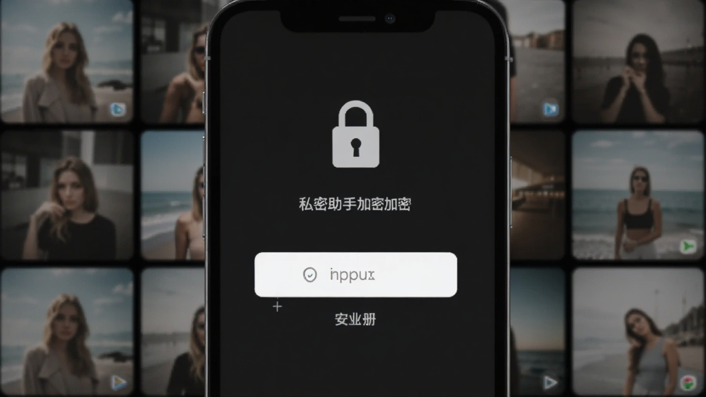 照片相册管理助手私密相册加密界面,手机屏幕显示密码输入框和锁形图标,背景为深色主题,周围有模糊的照片缩略图作为装饰,整体氛围安全私密,画质高清,设计简洁