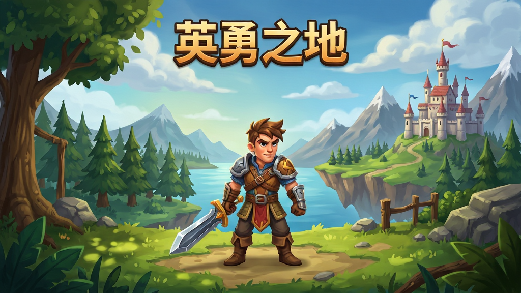 英勇之地游戏主界面场景,主体为一片广阔奇幻大陆,中央有手持武器的勇者角色,背景包含森林、山脉与城堡,布局采用横版全景构图,排版上方居中显示游戏名称“英勇之地”,风格为欧美卡通奇幻画风,细节包含角色装备纹理、植被光影、天空云层,画质高清,干净,无多余元素