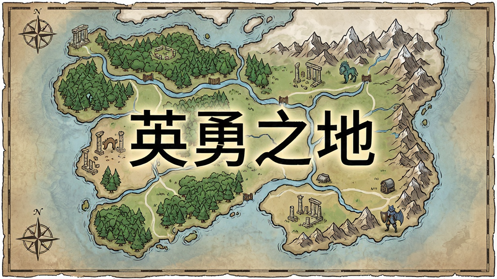 英勇之地开放世界地图俯瞰图,主体为奇幻大陆地形,布局为鸟瞰视角,排版中央展示“英勇之地”四个大字,风格为手绘奇幻地图风格,细节包含森林、河流、山脉、遗迹标记点,画质清晰,干净,无多余元素