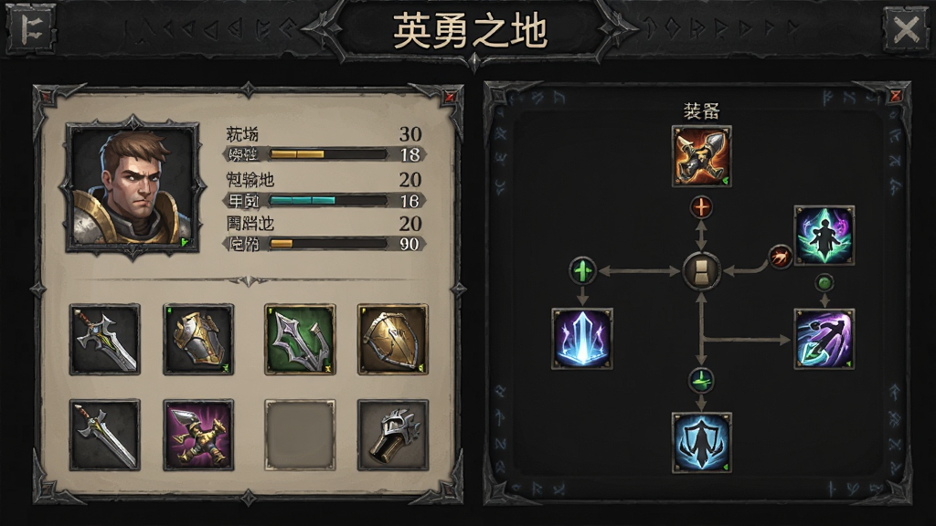 英勇之地角色养成界面,主体为角色属性面板与装备栏,布局为左右分栏,排版顶部显示“英勇之地”标题,风格为暗黑奇幻UI风格,细节包含属性数值、装备图标、技能树,画质清晰,干净,无多余元素