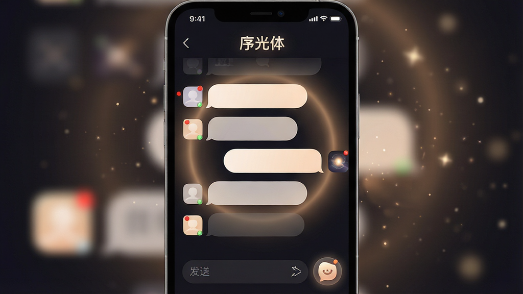 一张手机屏幕特写,画面中央是“序光体”应用的主聊天界面,界面采用深色背景搭配柔和的暖色光晕,顶部显示“序光体”文字标识,下方排列着几个聊天对话框,气泡样式圆润简洁,底部输入框旁有一个发光的小图标;布局为竖屏手机正面视角,背景虚化带有淡淡的星光粒子;风格偏向科技感与温馨感结合;细节包括状态栏时间、消息未读红点、发送按钮的微光效果;画质清晰,干净无多余元素,适合作为软件下载站预览图