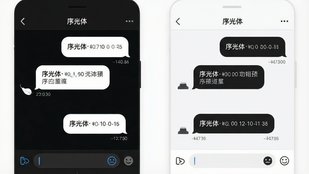 一张手机应用界面展示图,画面中并排展示“序光体”的深色模式和浅色模式两个聊天界面,左侧深色背景上显示白色文字气泡,右侧浅色背景上显示深色文字气泡,界面顶部均有“序光体”字样;布局为左右对比排列;风格简洁清爽;细节包括圆角气泡、时间戳小字、输入框和表情按钮;画质高清,干净无多余元素