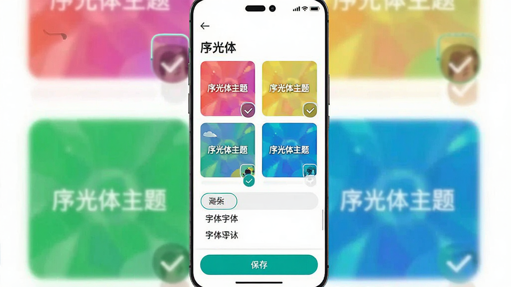 一张手机屏幕截图风格图片,画面展示“序光体”的主题设置页面,页面上排列着多个彩色主题预览方块,每个方块上写着“序光体主题”字样,下方有字体选择列表;布局为竖屏手机界面,顶部有返回箭头;风格活泼明快;细节包括选中状态的对勾标记、预览小图、底部保存按钮;画质清晰,干净整洁