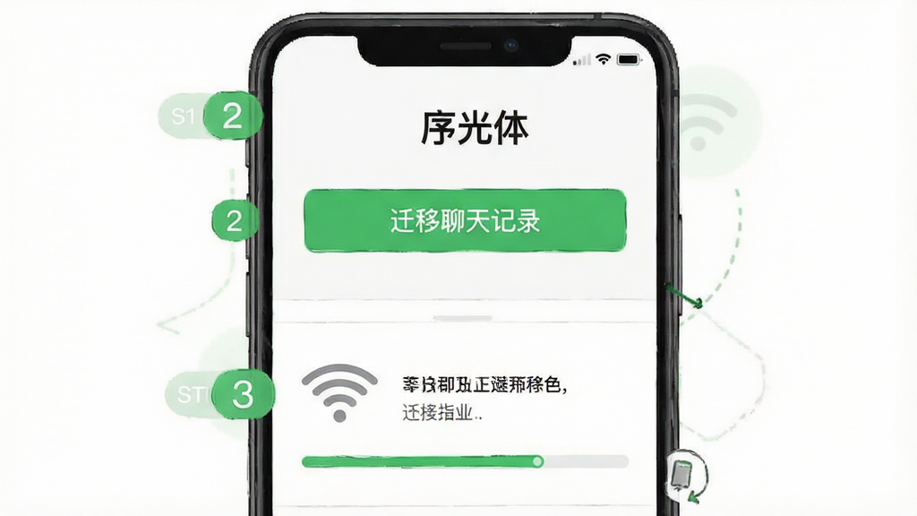 一张手机操作步骤示意图,画面展示“序光体”的聊天记录迁移界面,屏幕上半部分显示“序光体”标题和“迁移聊天记录”按钮,下半部分显示WiFi直连图标和进度条;布局为竖屏手机界面;风格简洁教程风;细节包括步骤序号标签、绿色进度指示、文字说明;画质清晰,干净无杂物