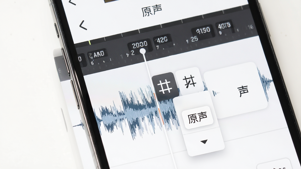 手机屏幕展示音频剪辑界面,时间轴上显示音频波纹,有裁剪图标和格式选择下拉菜单,界面中有“原声”字样,简约白色背景,干净整洁,高清画质