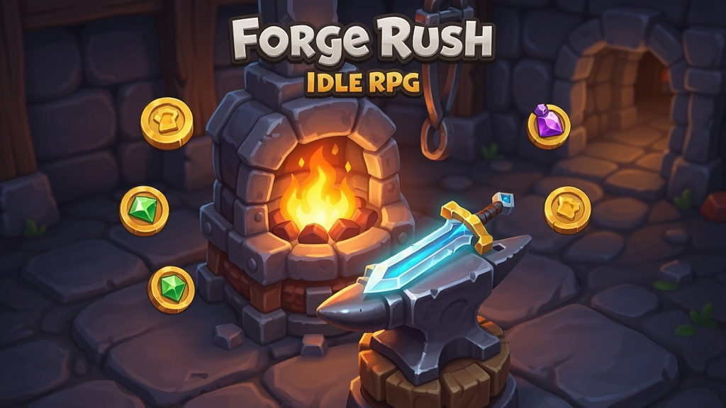 一张展示 Forge Rush - Idle RPG 游戏主界面的竖屏截图风格插画,画面中央是燃烧着火焰的锻造炉,铁砧上放着一把发光的剑,周围漂浮着金币和宝石图标,背景是地牢入口,风格为卡通奇幻,色彩明亮,细节清晰,画质干净无多余元素