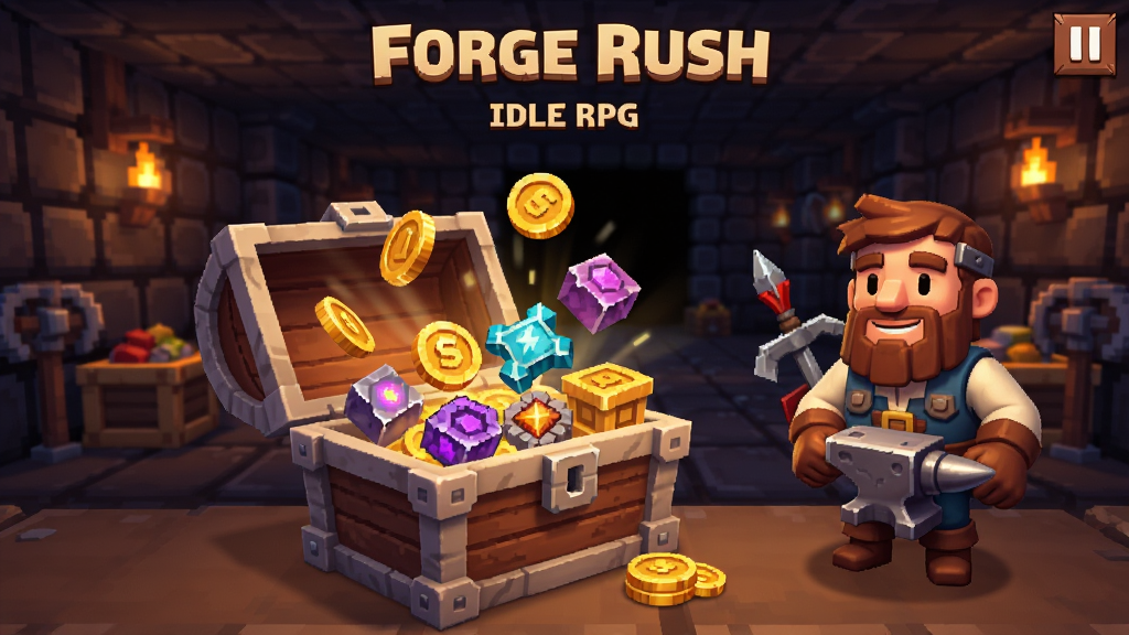 Forge Rush - Idle RPG 离线收益结算界面,画面显示一个宝箱打开后飞出大量金币和材料,背景是像素风格的地牢通道,主角铁匠站在一旁微笑,卡通渲染,色彩温暖,布局居中,画质干净