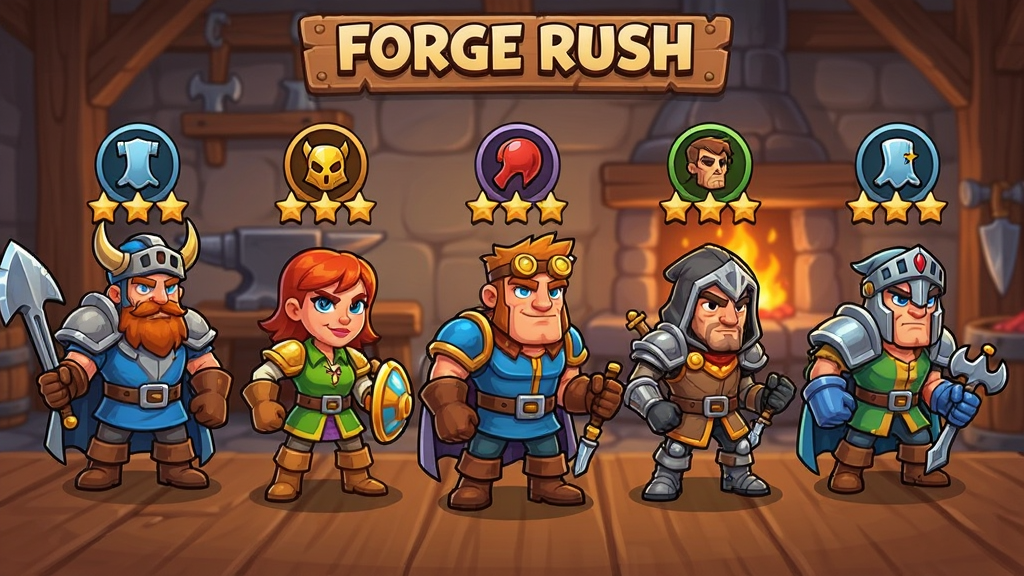 Forge Rush - Idle RPG 英雄选择界面,五个不同职业的卡通角色并排站立,背景是铁匠铺内部,每个角色头顶有星级和职业图标,布局清晰,风格为美式卡通,色彩饱和度高,画质干净无多余元素