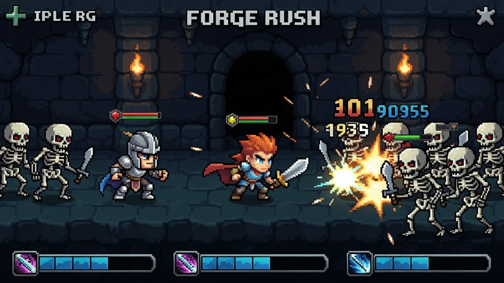 Forge Rush - Idle RPG 战斗场景,三名英雄正在与一群骷髅兵战斗,画面中有伤害数字飘出,底部有技能冷却条,背景是幽暗地牢,风格为卡通像素混合,动态感强,画质干净