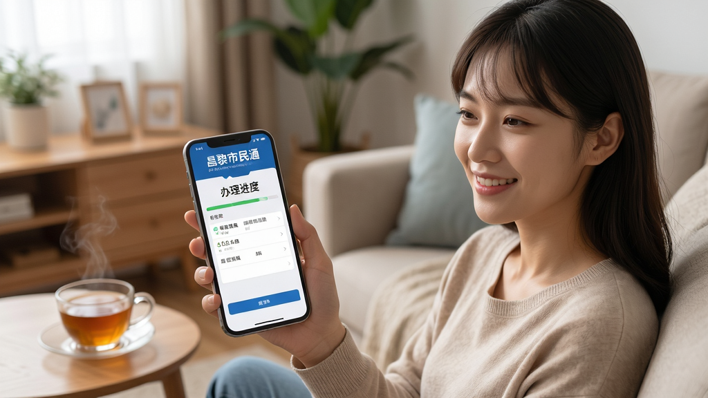 一位年轻用户坐在家中沙发上,手持手机使用“昌黎市民通”办理政务业务,手机屏幕显示办事进度查询界面;背景为温馨居家环境,旁边茶几上放着一杯热茶;排版为人物半身特写,手机界面清晰可见;风格写实生活化,光线柔和;细节上用户表情轻松愉悦,屏幕文字标注“昌黎市民通”和“办理进度”;画质高清,画面干净,无多余元素