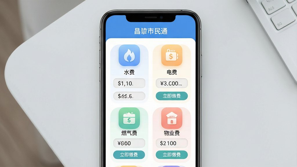 手机屏幕特写展示“昌黎市民通”生活缴费页面,页面中整齐排列水费、电费、燃气费、物业费等缴费入口图标,每个图标下方有对应的金额输入框和“立即缴费”按钮;背景为浅灰色简约桌面;排版为居中垂直构图;风格清新明快;细节上图标采用圆角设计,色彩柔和,屏幕上方标注“昌黎市民通”;画质高清,画面干净,无多余元素