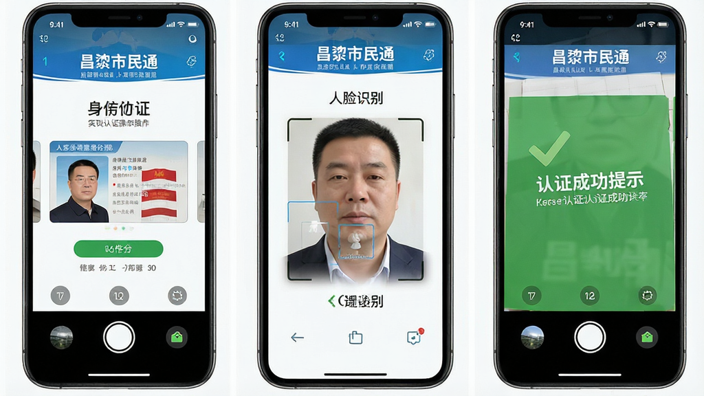 手机屏幕录制风格展示“昌黎市民通”实名认证操作流程,画面分为三个步骤:上传身份证、人脸识别、认证成功提示;背景为白色简约底;排版为横向三格分镜;风格教程演示风;细节上每格标注步骤序号,文字清晰标注“昌黎市民通”;画质高清,画面干净,无多余元素